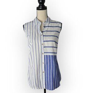 Chico's White Blue Striped Cotton Sleeveless Button Down Shirt Large